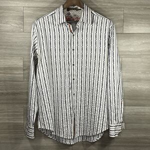 Robert Graham Shirt Mens XL Button Up Striped White Black Flip Cuff  Art VGUC